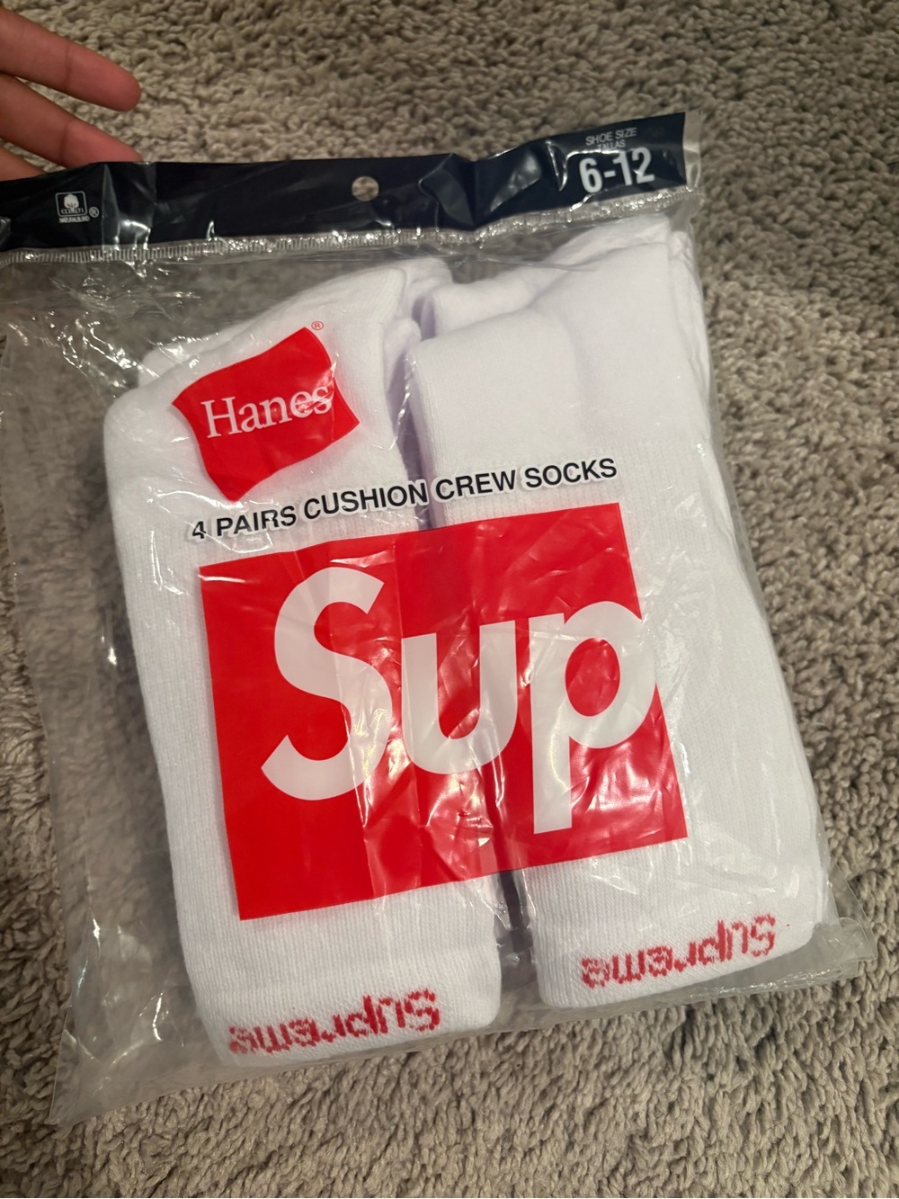 Hanes White Crew Socks with Red Supreme Logo - 4 Pairs